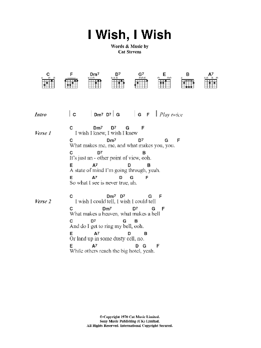 Download Cat Stevens I Wish, I Wish Sheet Music and learn how to play Lyrics & Chords PDF digital score in minutes