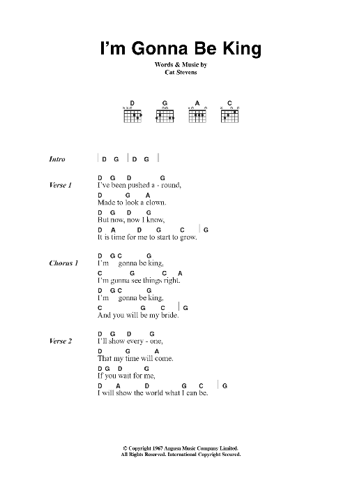 Download Cat Stevens I'm Gonna Be King Sheet Music and learn how to play Lyrics & Chords PDF digital score in minutes