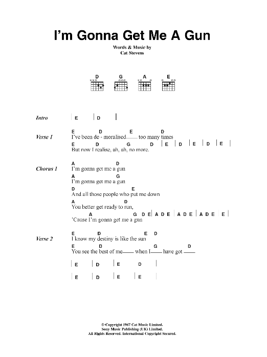 Download Cat Stevens I'm Gonna Get Me A Gun Sheet Music and learn how to play Lyrics & Chords PDF digital score in minutes