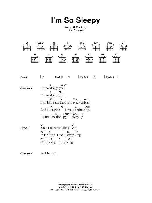 Download Cat Stevens I'm So Sleepy Sheet Music and learn how to play Lyrics & Chords PDF digital score in minutes