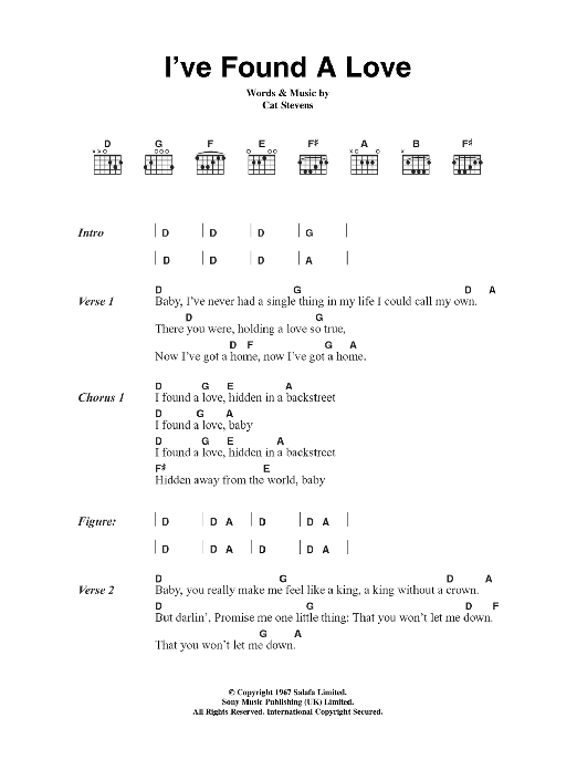 Download Cat Stevens I've Found A Love Sheet Music and learn how to play Lyrics & Chords PDF digital score in minutes