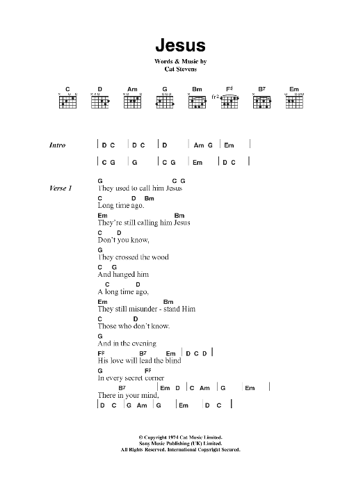 Download Cat Stevens Jesus Sheet Music and learn how to play Lyrics & Chords PDF digital score in minutes