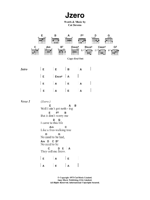 Download Cat Stevens Jzero Sheet Music and learn how to play Lyrics & Chords PDF digital score in minutes