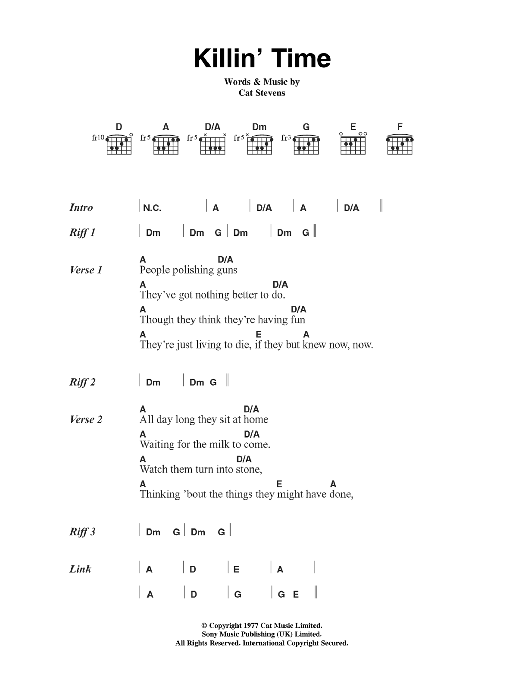 Download Cat Stevens Killin' Time Sheet Music and learn how to play Lyrics & Chords PDF digital score in minutes