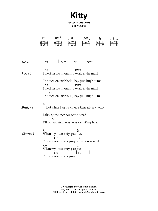 Download Cat Stevens Kitty Sheet Music and learn how to play Lyrics & Chords PDF digital score in minutes