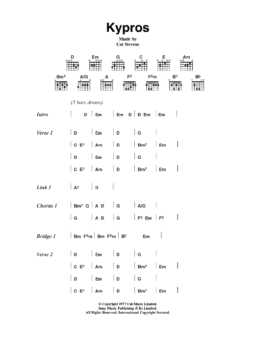 Download Cat Stevens Kypros Sheet Music and learn how to play Lyrics & Chords PDF digital score in minutes