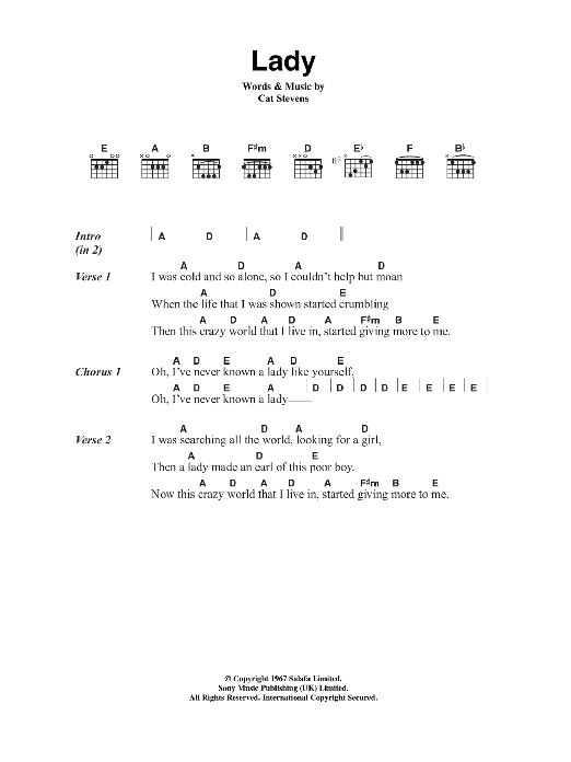 Download Cat Stevens Lady Sheet Music and learn how to play Lyrics & Chords PDF digital score in minutes