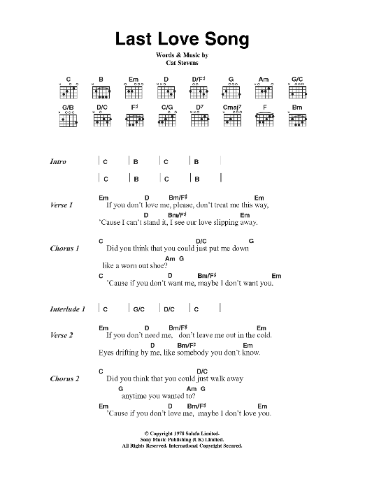 Download Cat Stevens Last Love Song Sheet Music and learn how to play Lyrics & Chords PDF digital score in minutes