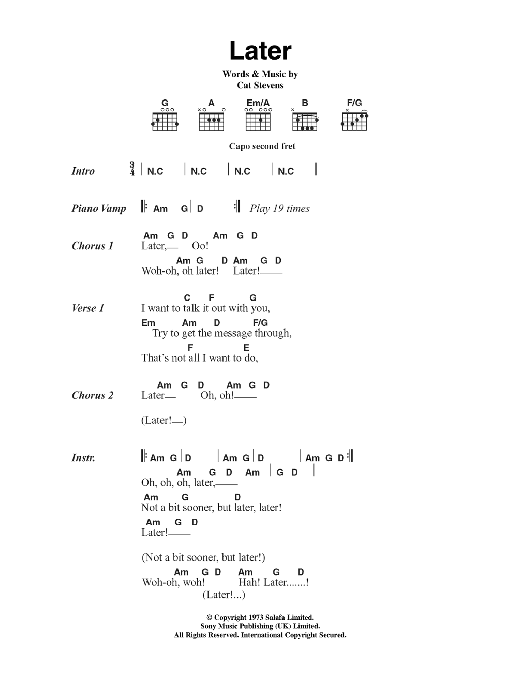 Download Cat Stevens Later Sheet Music and learn how to play Lyrics & Chords PDF digital score in minutes