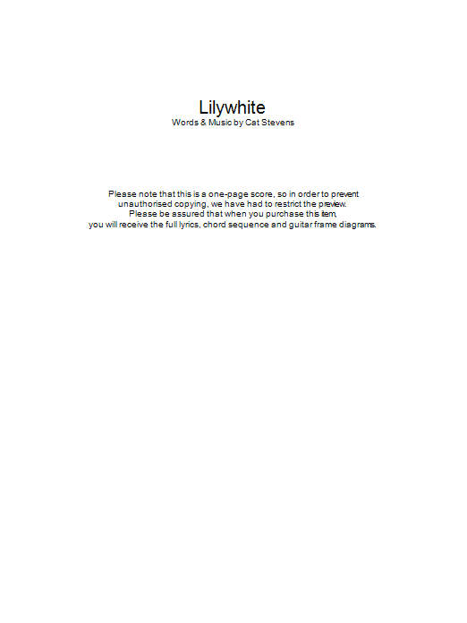 Download Cat Stevens Lilywhite Sheet Music and learn how to play Lyrics & Chords PDF digital score in minutes