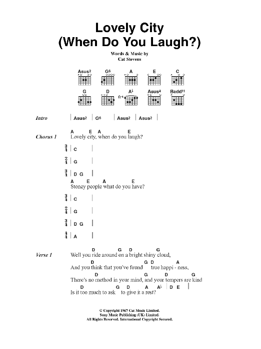 Download Cat Stevens Lovely City (When Do You Laugh?) Sheet Music and learn how to play Lyrics & Chords PDF digital score in minutes