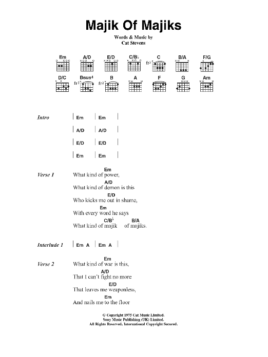 Download Cat Stevens Majik Of Majiks Sheet Music and learn how to play Lyrics & Chords PDF digital score in minutes
