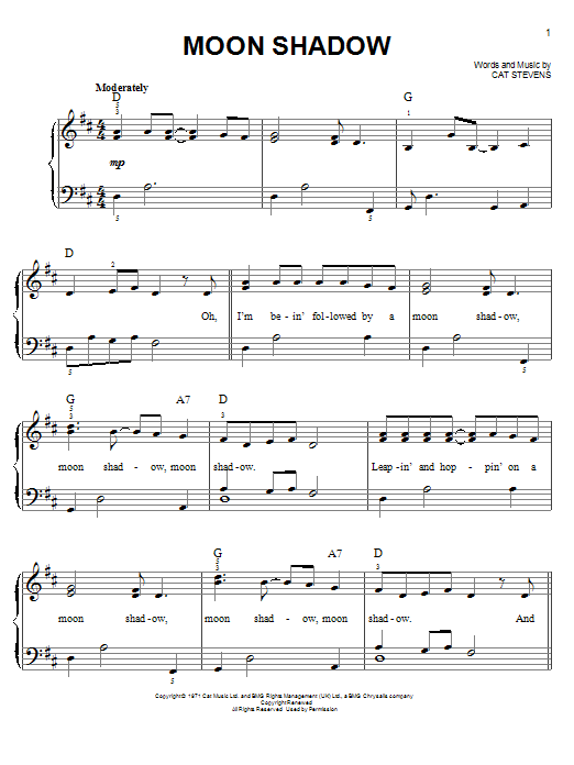 Download Cat Stevens Moon Shadow Sheet Music and learn how to play Lyrics & Chords PDF digital score in minutes