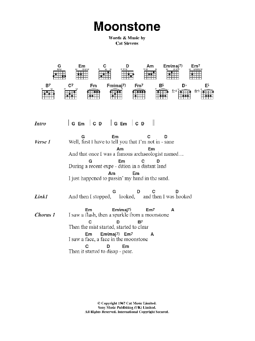 Download Cat Stevens Moonstone Sheet Music and learn how to play Lyrics & Chords PDF digital score in minutes