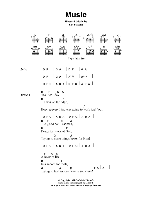 Download Cat Stevens Music Sheet Music and learn how to play Lyrics & Chords PDF digital score in minutes