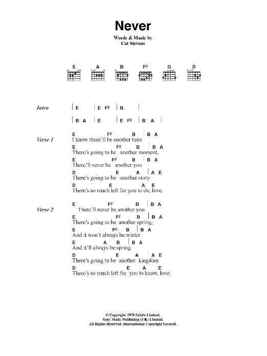 Download Cat Stevens Never Sheet Music and learn how to play Lyrics & Chords PDF digital score in minutes