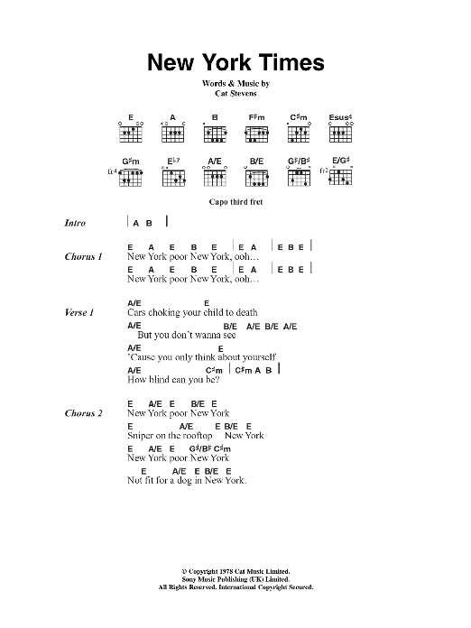 Download Cat Stevens New York Times Sheet Music and learn how to play Lyrics & Chords PDF digital score in minutes