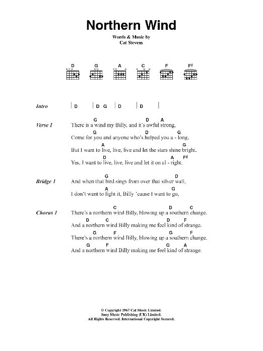 Download Cat Stevens Northern Wind Sheet Music and learn how to play Lyrics & Chords PDF digital score in minutes
