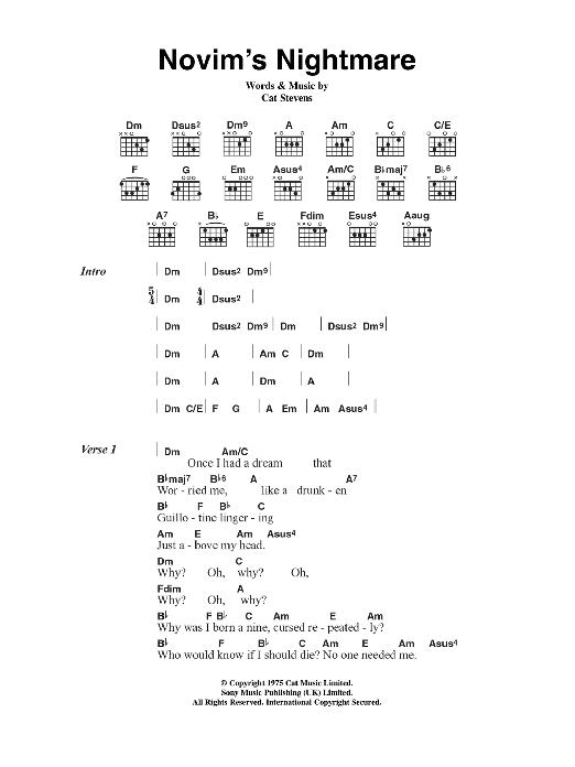 Download Cat Stevens Novim's Nightmare Sheet Music and learn how to play Lyrics & Chords PDF digital score in minutes