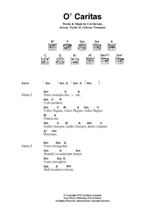 Download Cat Stevens O' Caritas Sheet Music and learn how to play Lyrics & Chords PDF digital score in minutes