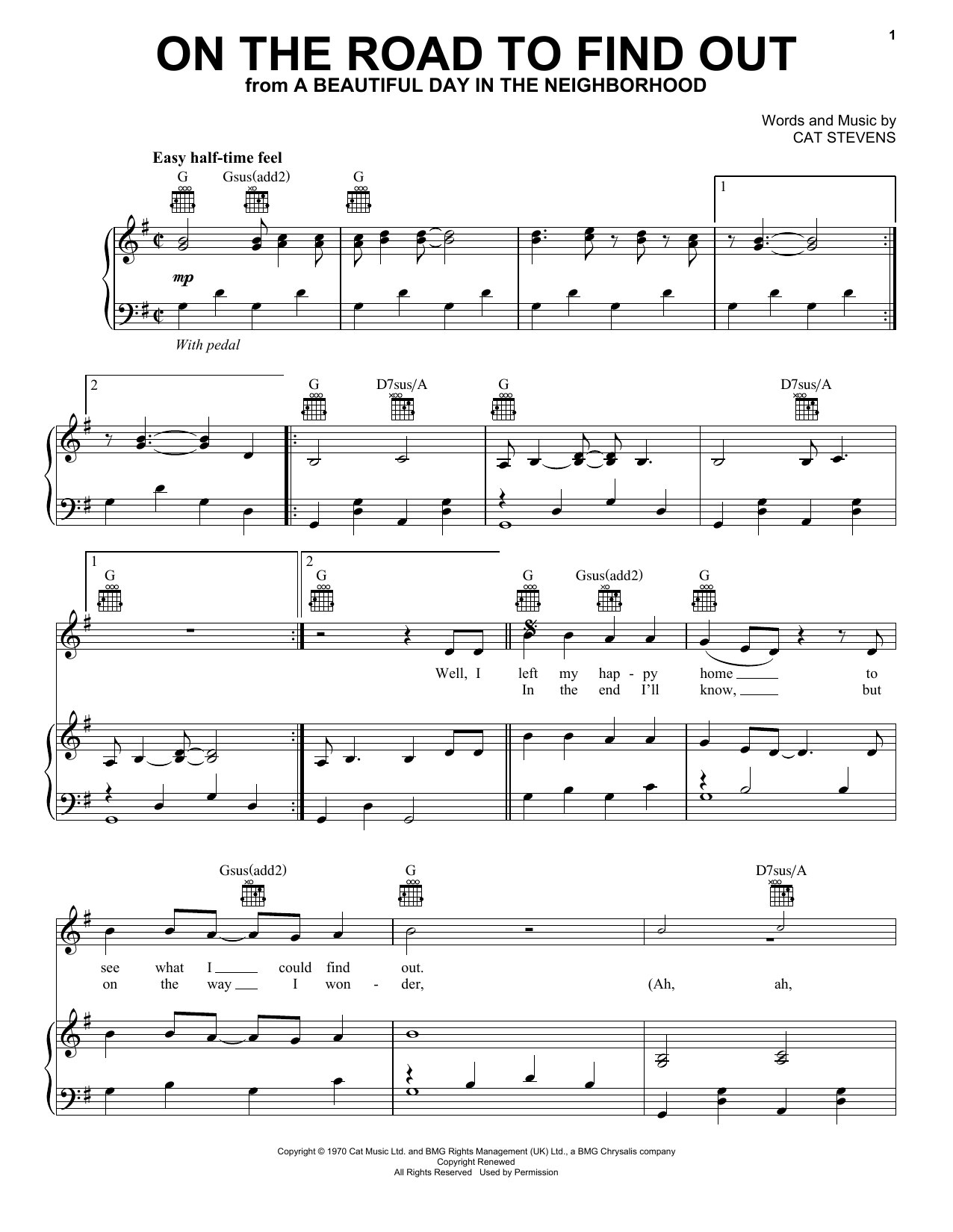 Download Cat Stevens On The Road To Find Out (from A Beautiful Day in the Neighborhood) Sheet Music and learn how to play Piano, Vocal & Guitar Chords (Right-Hand Melody) PDF digital score in minutes