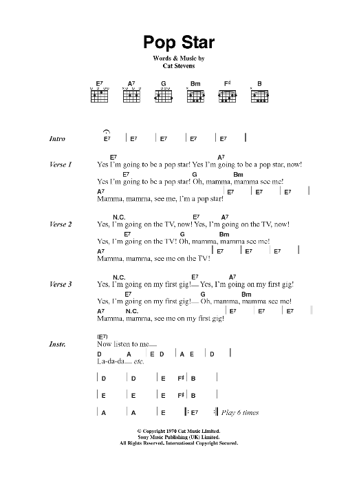 Download Cat Stevens Pop Star Sheet Music and learn how to play Lyrics & Chords PDF digital score in minutes