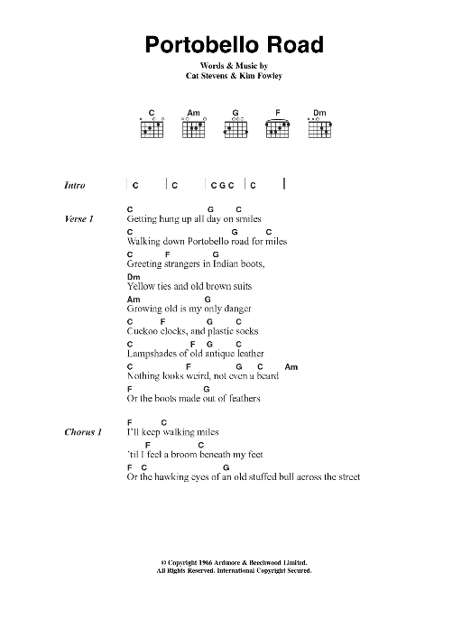 Download Cat Stevens Portobello Road Sheet Music and learn how to play Lyrics & Chords PDF digital score in minutes