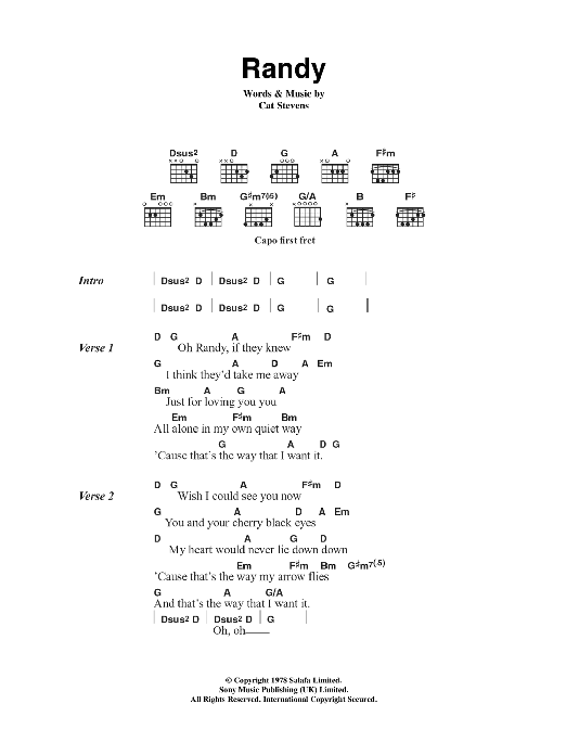 Download Cat Stevens Randy Sheet Music and learn how to play Lyrics & Chords PDF digital score in minutes