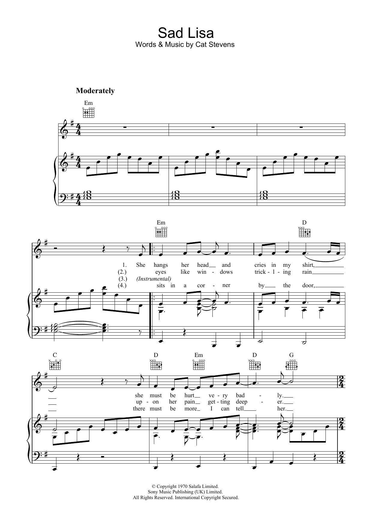 Download Cat Stevens Sad Lisa Sheet Music and learn how to play Piano, Vocal & Guitar (Right-Hand Melody) PDF digital score in minutes
