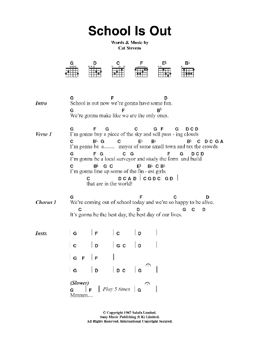 Download Cat Stevens School Is Out Sheet Music and learn how to play Lyrics & Chords PDF digital score in minutes