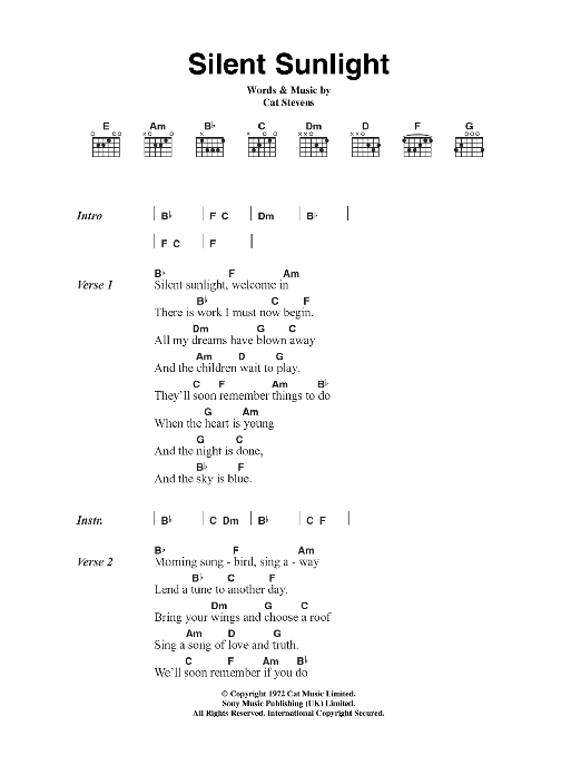 Download Cat Stevens Silent Sunlight Sheet Music and learn how to play Lyrics & Chords PDF digital score in minutes