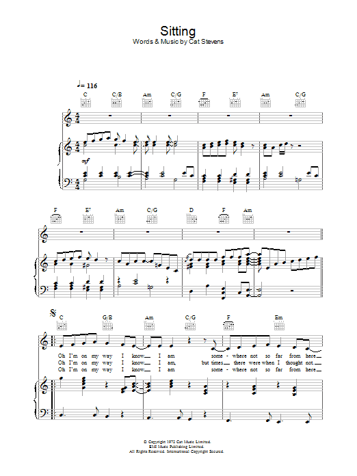 Download Cat Stevens Sitting (from the musical 'Moonshadow') Sheet Music and learn how to play Piano, Vocal & Guitar PDF digital score in minutes