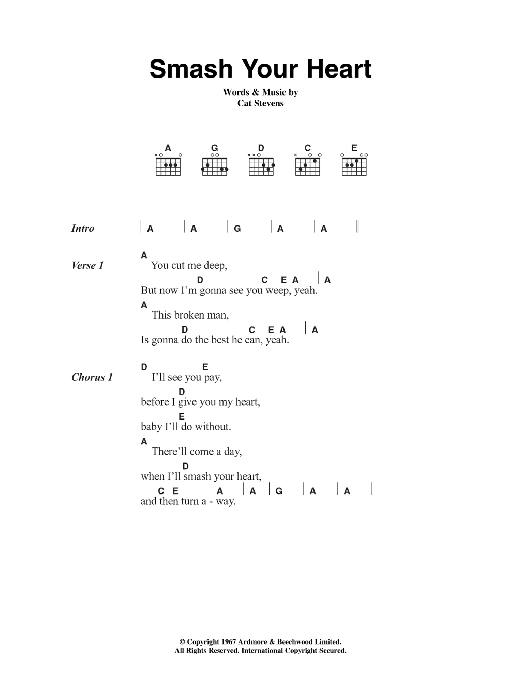 Download Cat Stevens Smash Your Heart Sheet Music and learn how to play Lyrics & Chords PDF digital score in minutes