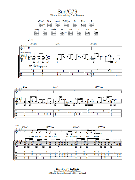 Download Cat Stevens Sun/C79 Sheet Music and learn how to play Guitar Tab PDF digital score in minutes