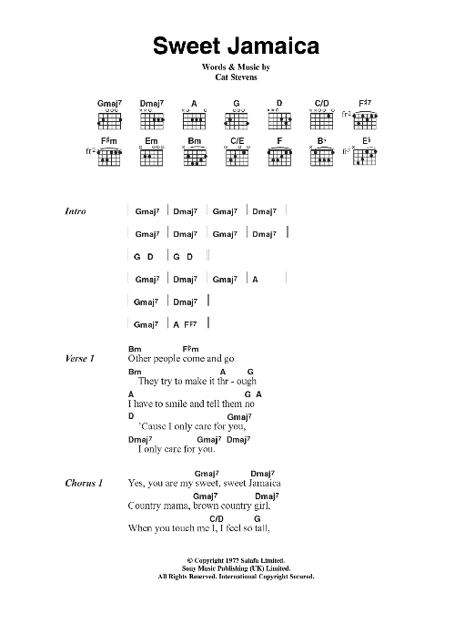 Download Cat Stevens Sweet Jamaica Sheet Music and learn how to play Lyrics & Chords PDF digital score in minutes
