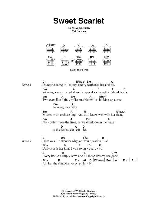 Download Cat Stevens Sweet Scarlet Sheet Music and learn how to play Lyrics & Chords PDF digital score in minutes