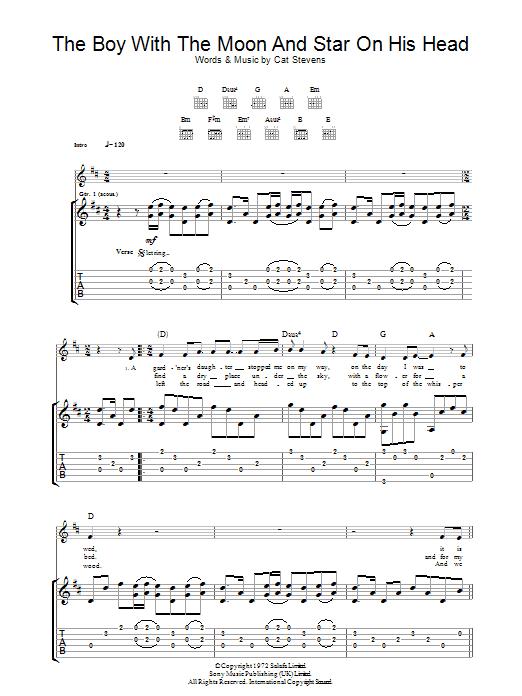 Download Cat Stevens The Boy With The Moon And Star On His Head Sheet Music and learn how to play Guitar Tab PDF digital score in minutes
