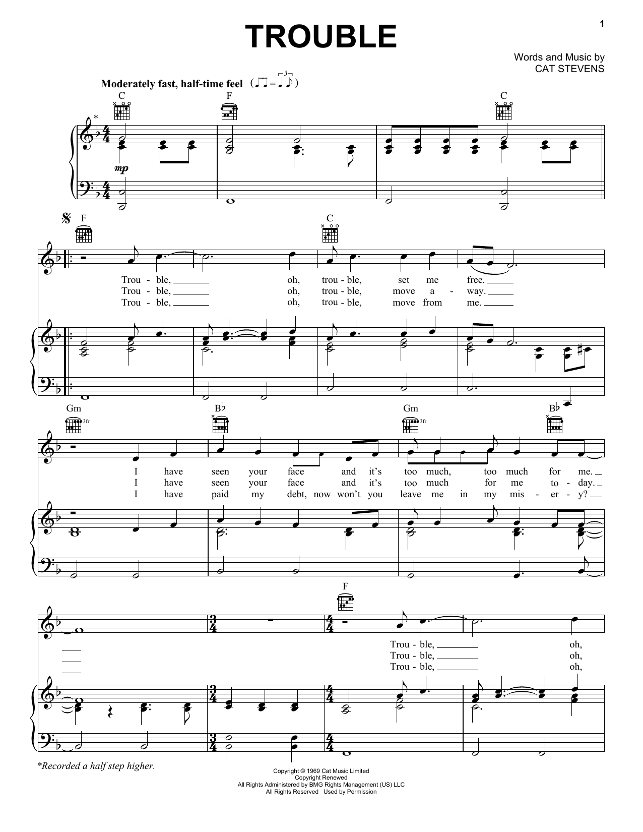 Download Cat Stevens Trouble Sheet Music and learn how to play Piano, Vocal & Guitar (Right-Hand Melody) PDF digital score in minutes