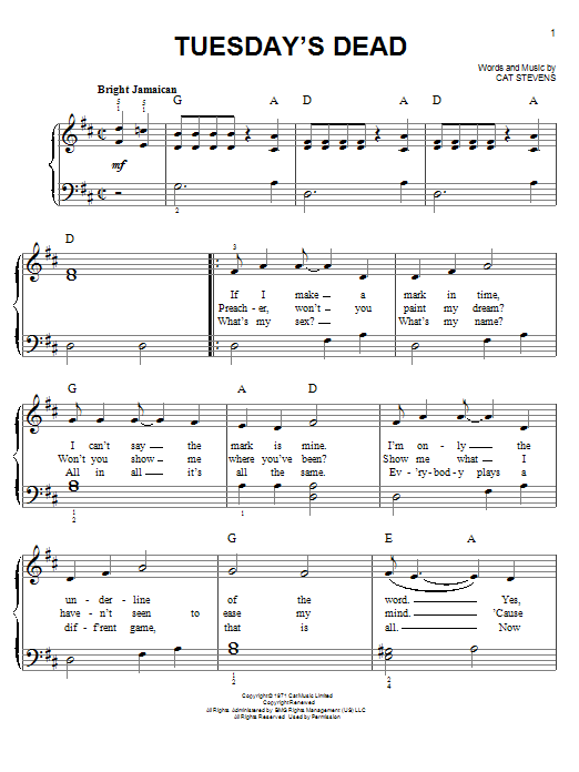 Download Cat Stevens Tuesday's Dead Sheet Music and learn how to play Lyrics & Chords PDF digital score in minutes