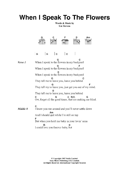 Download Cat Stevens When I Speak To The Flowers Sheet Music and learn how to play Lyrics & Chords PDF digital score in minutes