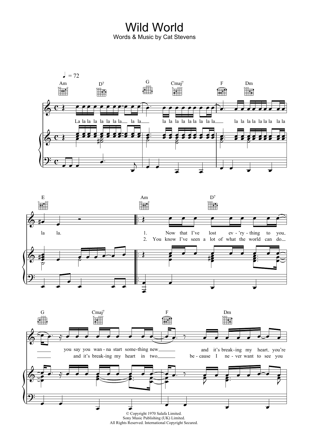 Download Cat Stevens Wild World Sheet Music and learn how to play Piano, Vocal & Guitar (Right-Hand Melody) PDF digital score in minutes