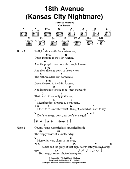 Download Cat Stevens 18th Avenue (Kansas City Nightmare) Sheet Music and learn how to play Lyrics & Chords PDF digital score in minutes