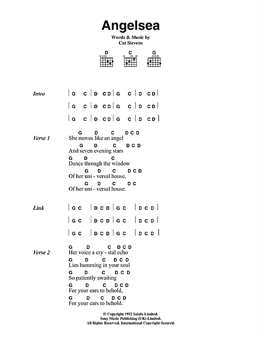 Download Cat Stevens Angelsea Sheet Music and learn how to play Lyrics & Chords PDF digital score in minutes