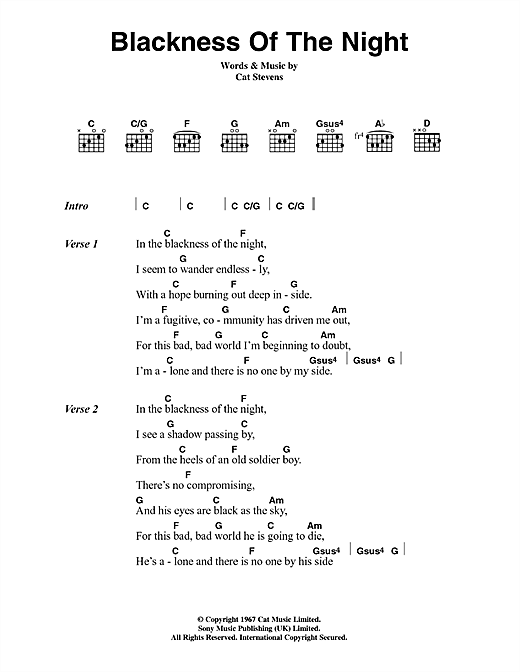 Download Cat Stevens Blackness Of The Night Sheet Music and learn how to play Lyrics & Chords PDF digital score in minutes