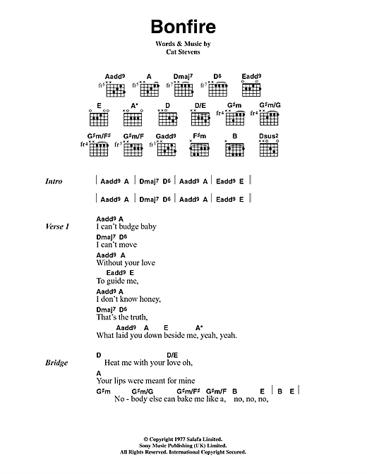 Download Cat Stevens Bonfire Sheet Music and learn how to play Lyrics & Chords PDF digital score in minutes