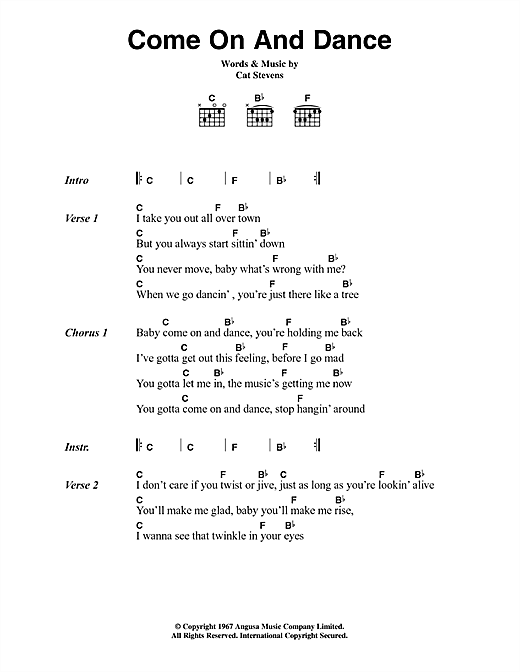 Download Cat Stevens Come On And Dance Sheet Music and learn how to play Lyrics & Chords PDF digital score in minutes