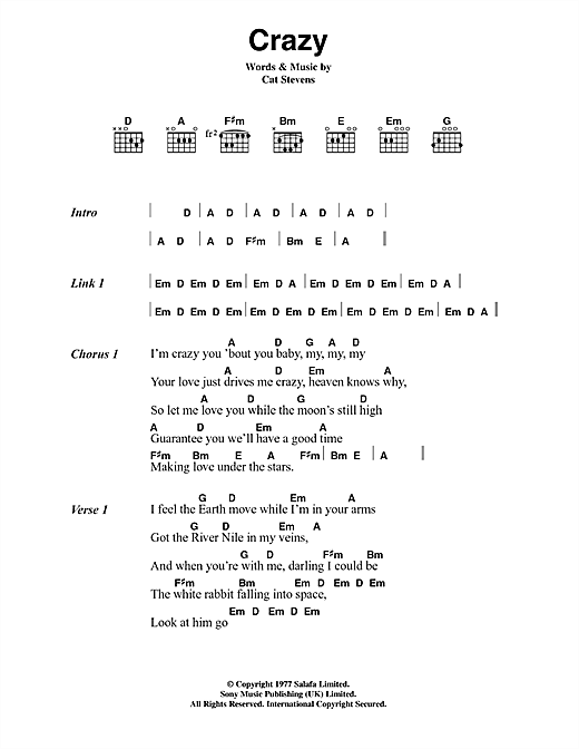 Download Cat Stevens Crazy Sheet Music and learn how to play Lyrics & Chords PDF digital score in minutes