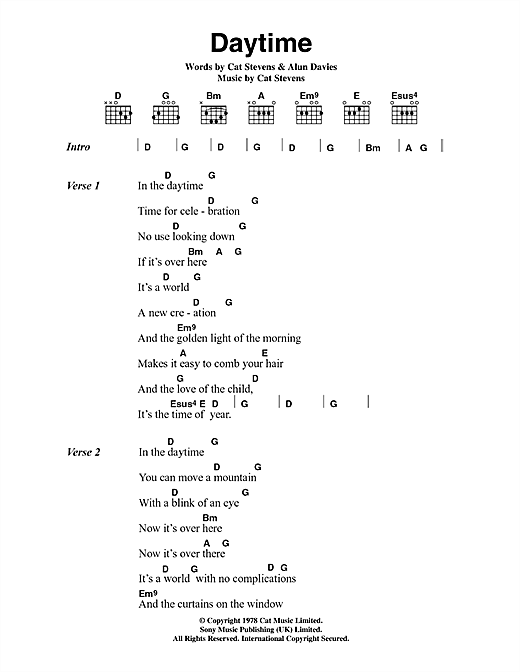 Download Cat Stevens Daytime Sheet Music and learn how to play Lyrics & Chords PDF digital score in minutes