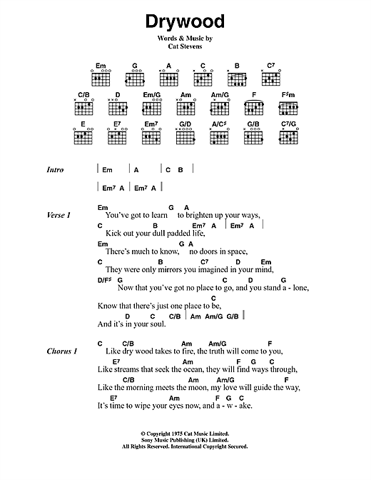 Download Cat Stevens Drywood Sheet Music and learn how to play Lyrics & Chords PDF digital score in minutes