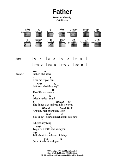 Download Cat Stevens Father Sheet Music and learn how to play Lyrics & Chords PDF digital score in minutes